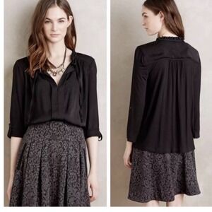 Anthropologie Meadow Rue Eleri Pleated Blouse Shirt Top Size M Black